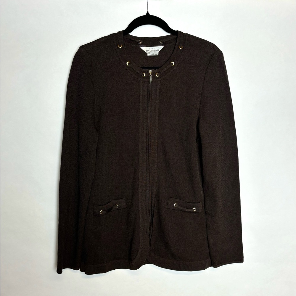 Misook zip up sweater with gold accents